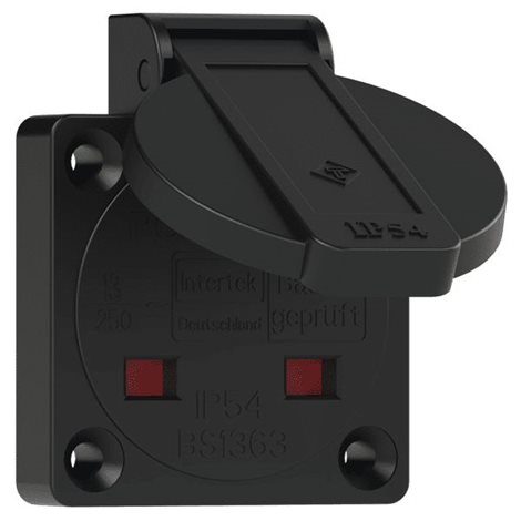 1020-5s zásuvka vestavná 3-pólová, 13A / 250V, IP54, anglický standard, černá