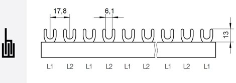 Prop. lišta G-2L-210/10, vidlička, 2pól., 63A, rozteč 17,8mm, uzavřená, 12mod 2