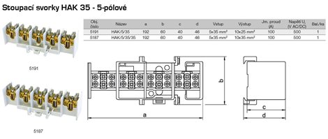 HAK/5/35/35 Svorkovnice stoupací nekrytá, 100A, 5pól., na pól:1x35mm2 a 2x35mm2, na DIN 2