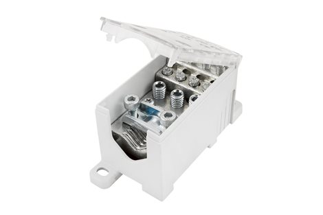 Blok pro rozdělení fází PVB 250-3/8, 1pól., AL/CU, 250A, 690V, šedý/průhl. víko, na DIN 2
