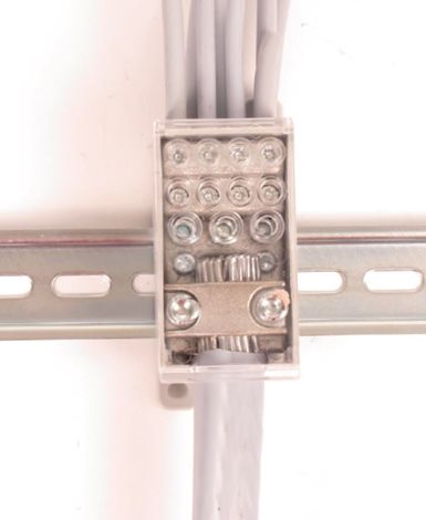 Blok pro rozdělení fází PVB 250-3/8, 1pól., AL/CU, 250A, 690V, šedý/průhl. víko, na DIN 4