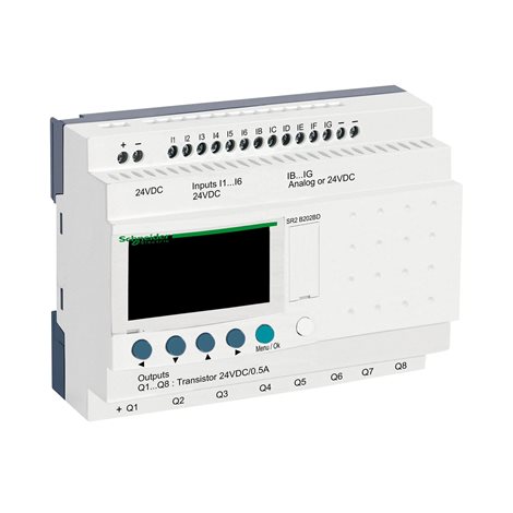 SR2B202BD Relé 24 VDC, s hodinami, 12 vst. z toho 6 analog., 8 tranzistorových výst.
