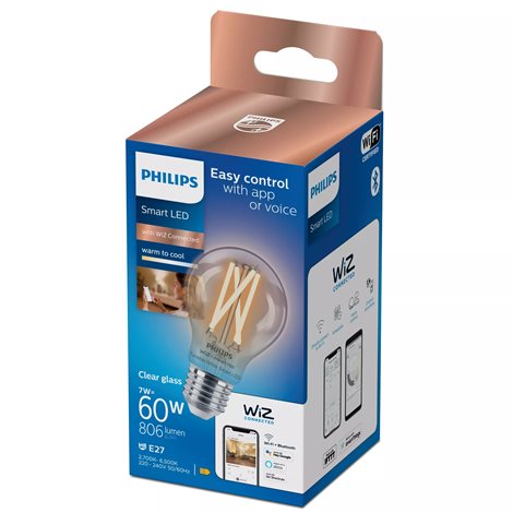 WiZ Smart LED Žárovka Filament čirá 7 W (ekv. 60 W) 806lm 2700-6500K A60 E27 4