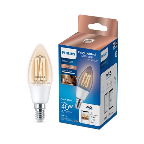 WiZ Smart LED Svíčková žárovka Filament čirá 4,9 W (ekv. 40 W) 470lm C35 E14 3