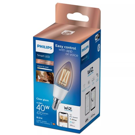 WiZ Smart LED Svíčková žárovka Filament čirá 4,9 W (ekv. 40 W) 470lm C35 E14 4