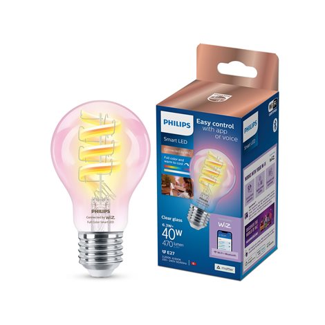 WiZ Smart LED Žárovka s tradičním vzhledem, čirá, 40 W 470lm 2200-6500K (RGB) A60 E27 2
