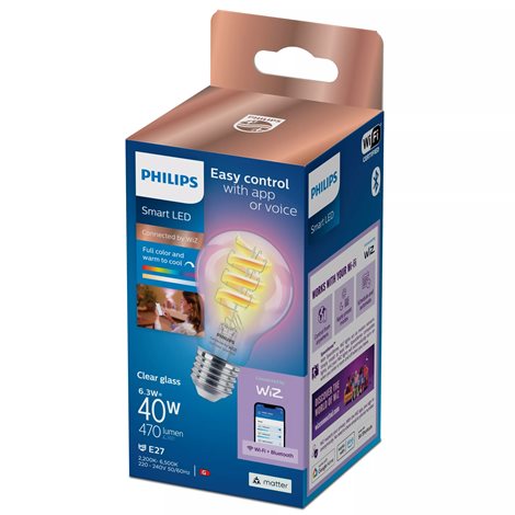 WiZ Smart LED Žárovka s tradičním vzhledem, čirá, 40 W 470lm 2200-6500K (RGB) A60 E27 3