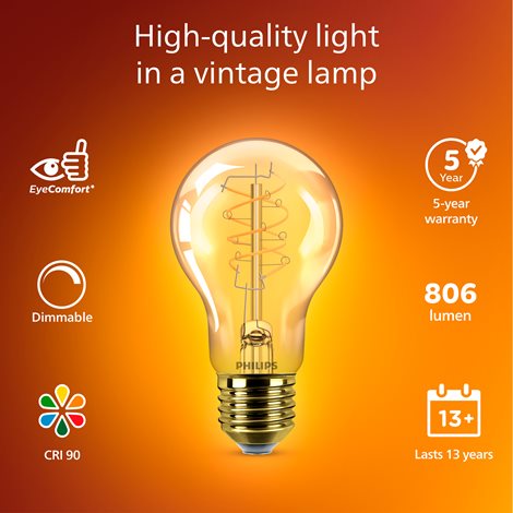 LED filament žárovka E27 A60 7,3 (60W) 806lm 2200K stmívatelná, jantarová 3
