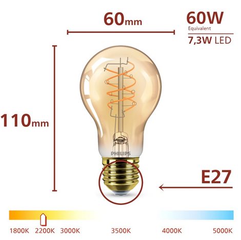 LED filament žárovka E27 A60 7,3 (60W) 806lm 2200K stmívatelná, jantarová 9
