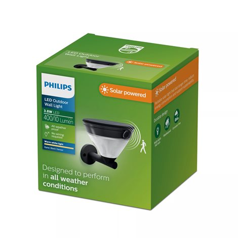Kyna solární nástěnná zahradní lampa 3,8W 27K černá se senzorem 5