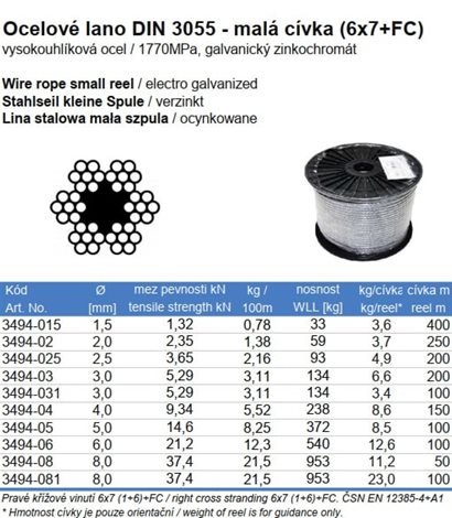 Lano ocelové 2,0 DIN 3055 ZN 6x7 drátů 2