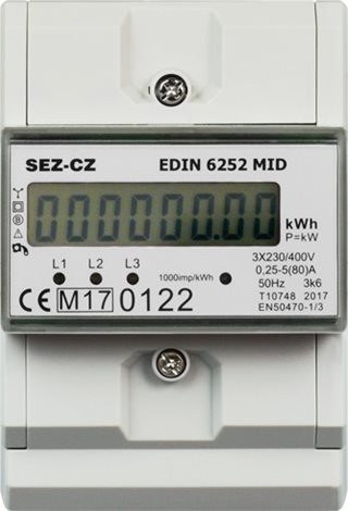 EDIN 6252 MID Fakturační elektroměr, MID, 5-80A, 1-tarif, 3-fázový, LCD displej, 4M/DIN