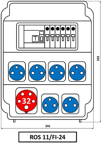 ROS 11/FI-24 Zásuvková rozvodnice 1x3253+6x230 V, jištěná, s chráničem, IP 54