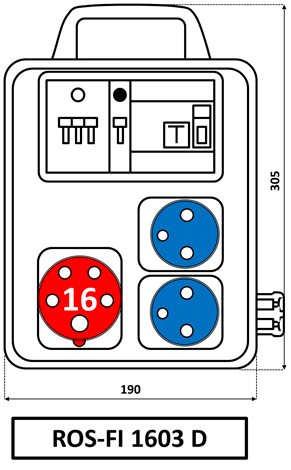 ROS FI-1603 D Z.r.:1 x IE 1653 + 2x230V/16A- jištěná+chránič IP44 s držadlem 2