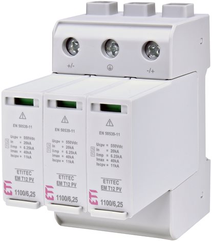 ETITEC EM T12 PV 1100/6,25 Y Svodič přepětí pro fotovoltaiky DC T1+T2 Y 3-pólový