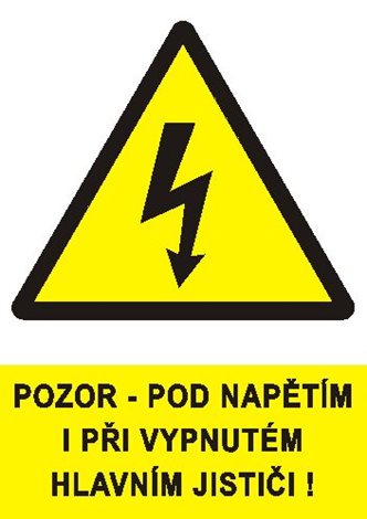 Samolepka 0122B 5x1,6cm Pozor - pod napětím i při vypnutém hlavním jističi !