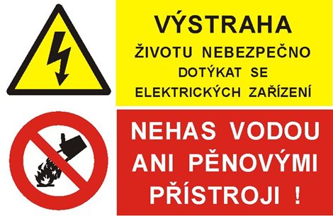 Samolepka  8212A A5 Výstraha životu nebezpečno dotýkat se el.zařízení / Nehas vodou ani pěnovými pří