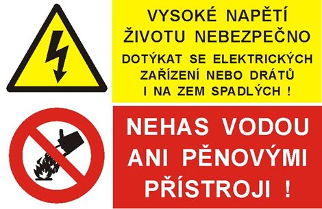 Samolepka 8213B A5 Vysoké napětí životu nebezpečno dotýkat se el. zařízení nebo i drátů na zem spadl
