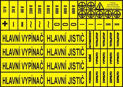 Samolepka DT056A A5 Sdr.aršík ELEKTRO (žlutá) Hlavní vypínač, Hlavní jistič,Vypnuto, Zapnuto