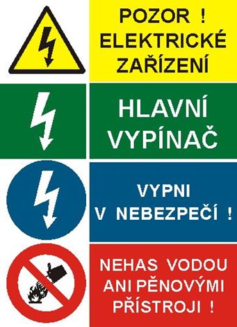 Samolepka STA A5 Pozor! Elektr.zařízení, Hl. vypínač, Vypni v nebezpečí! Nehas vodou ani pěn.přístr.