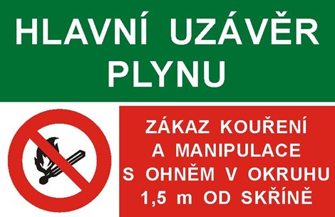 Samolepka STC A6 Hlavní uzávěr plynu/Zákaz kouření a manipulace s plamenem v okruhu 1,5m od skříně