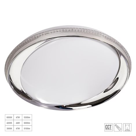 VALLI stropní svítidlo LED 47W 5100-6000lm 2700-6000K CCT 50cm kulaté IP20, chrom/bílá/křišťál + ovl 1