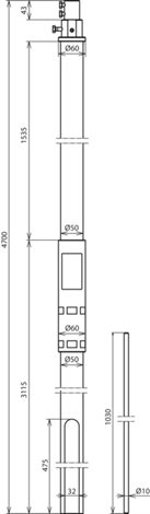 105327 Podpůrná trubka D 50mm L 4700mm GFK/Al s jímačem D 10mm L 1000mm, s bočním vývodem 2