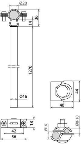 105461 Distanční držák Ø 16mm L 1270mm Al se svorkou PA Ø 20mm včetně svorky MV  2