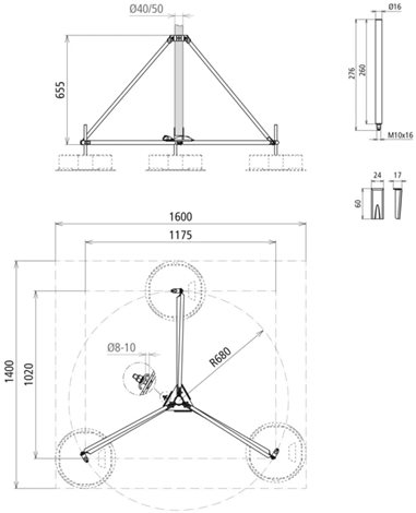 107390 Tříramenný stativ sklopný pro D40/50mm rádius 680mm náklon 10° nerez 2