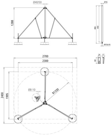 107391 Tříramenný stativ sklopný pro trubku D40/50mm rádius 1330mm náklon 10° nerez 2