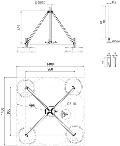 107490 Čtyřramenný stativ sklopný pro trubku D40/50mm rádius 680mm náklon 10° nerez 2