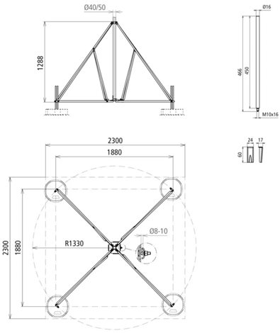 107491 Čtyřramenný stativ sklopný pro trubku D40/50mm rádius 1330mm náklon 10° nerez 2