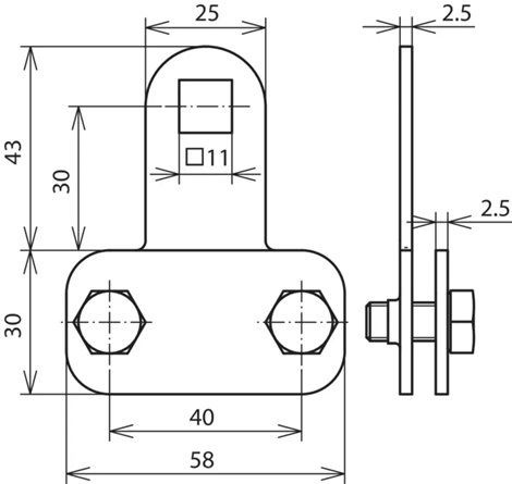 380129 KS B11.11 FL30X4 V2A Svorka nerez se čtvercovým otvorem D11mm pro pásek 30x4mm 2