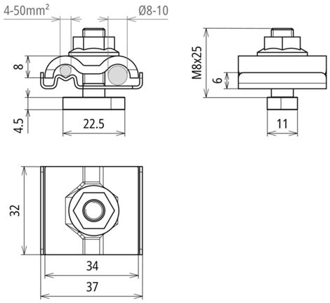 540249 Uzemň. svorka UNI nerez pro drát 8-10mm a vodič 4-50mm², šroub M8x25 a matice 2