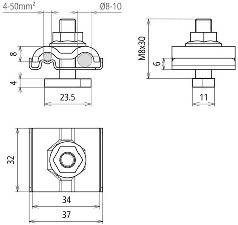 540250 Uzemňovací svorka UNI nerez pro prům. 8-10mm a vodič 4-50 mm2, šroub M8 a matice 2