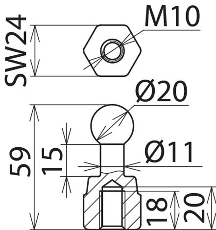 754205 Kulový bod D 20 mm rovný s vnitřním závitem M10 2