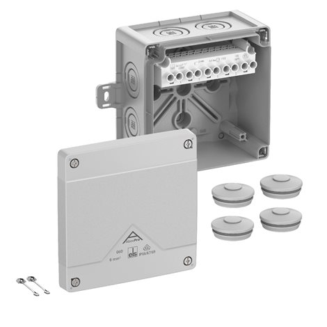 Abox PRO 060 AB-62 NEW Krabice na om. se svorkovnicí 1x5x6mm2 s vnějšími úchyty šedá 127x127x75mm