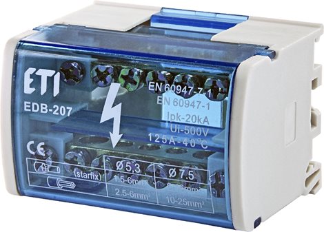 EDB-207 Distribuční svorkovnice EDB-207, 2-pólová, In = 125A, svorky 2x (5x Ø5,3 + 2xØ7,5), montáž n