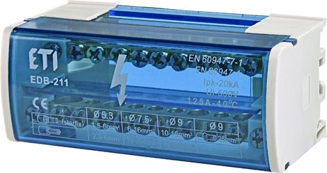 EDB-211 Distribuční svorkovnice EDB-211, 2-pólová, In = 125A, svorky 2x (7x Ø5,3 + 2xØ7,5 