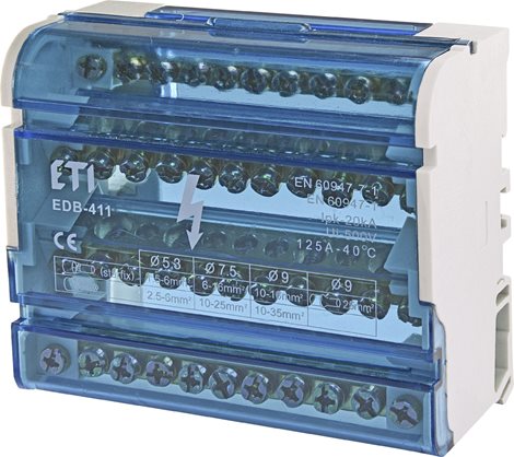 EDB-411 Distribuční svorkovnice EDB-411, 2-pólová, In = 125A, svorky 2x (7x Ø5,3 + 2xØ7,5 + 2xØ9), m