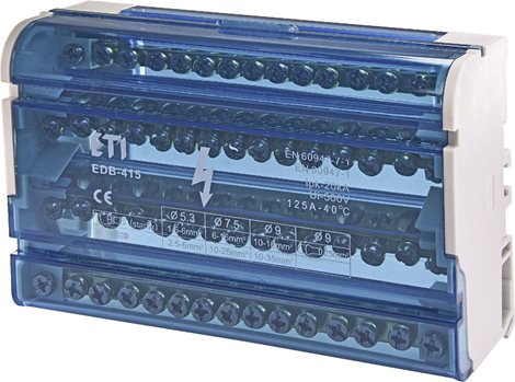EDB-415 Distribuční svorkovnice EDB-415, 2-pólová, In = 125A, svorky 2x (11x Ø5,3 + 2xØ7,5 + 2xØ9)