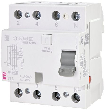 EFI-P4 B 40/0.03 Proudový chránič 3+N-pólový, 4M, typ B, IΔn = 30mA, Icn = 10kA, In = 40A, Un = 400/ 3