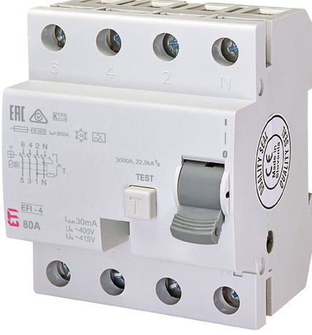 EFI-4 A 80/0,03 10kA Proudový chránič 3+N-pólový, 4M, typ A, IΔn = 30mA, Icn = 10kA, In = 80A 2