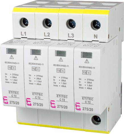 ETITEC C T2 275/20 4+0 Svodič přepětí ETITEC C T2 275/20 4+0, 4-pólový, In = 20kA (8/20μs), Imax = 4 2