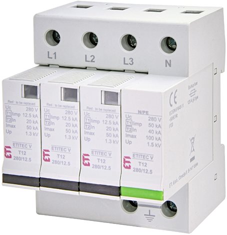 ETITEC V T12 280/12,5 3+1 Svodič přepětí ETITEC V T12 280/12,5 3+1, 4-pólový, In = 20kA (8/20μs) 1