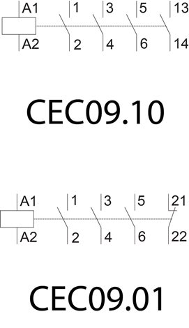 CEC09.10-230V-50/60Hz Miniaturní stykač CEC09.10-230V-50/60Hz, 3-pólový, kontakty 4xNO 2