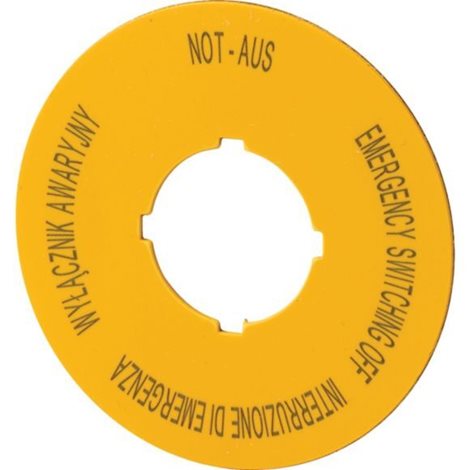 M22-XBK5 Označ. štítek nouzového zastavení, IP66, D=60mm, PL, EN, DE, IT