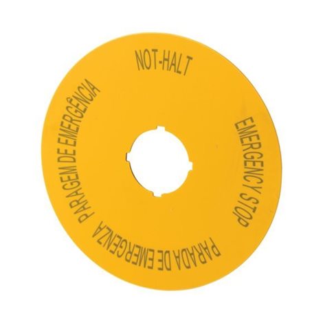 M22-XAK12 Označ. štítek nouzového vypnutí, IP66, D=90mm, DE, EN, ES, POR