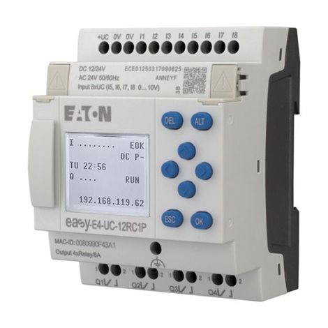 EASY-E4-UC-12RC1P Řídicí relé easyE4 s displejem, 12/24V DC, 24V AC, 8 vstupů, 4 réleové výstupy, Pu