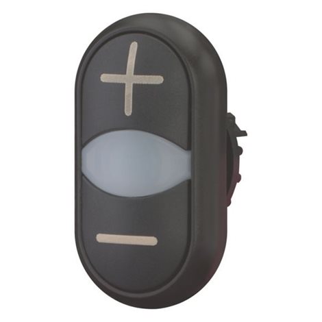 M22S-DDL-S-X4/X5 Dvojité tlačítko, zvýšené, bílá čočka pro signálku, černý kroužek, +/- černá/černá 1